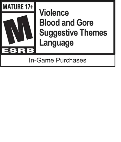 Informs shoppers about the ESRB Mature 17+ rating and specific content descriptors (violence, blood, gore, suggestive themes, language, in-game purchases) to help parents and buyers make informed…