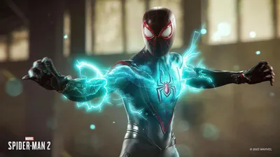 Showcases the product (Spider-Man 2 video game) in action with dramatic visual effects to attract gamers and demonstrate the game's visual quality and superhero powers.