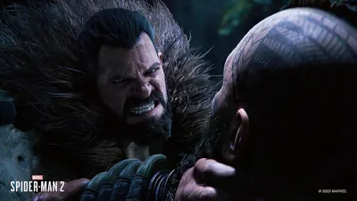 This is a video game screenshot from Marvel Spider-Man 2, showing a dramatic confrontation scene. It appears to be promotional material for the game rather than an Amazon product image.