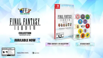 Shows shoppers what they receive with purchase: the Final Fantasy I-VI Collection game for Nintendo Switch plus a bonus sticker sheet featuring 12 favorite Final Fantasy characters.