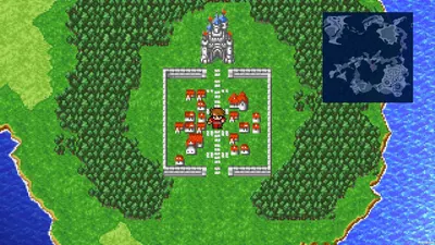 This appears to be a video game screenshot showing a retro-style RPG or strategy game map view with a castle, village, and world map. This is not an Amazon product image.