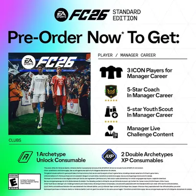 This image communicates all the bonus content and in-game items included with the pre-order of EA Sports FC26 Standard Edition, reassuring shoppers of the added value they receive by pre-ordering.