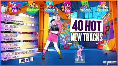 Communicates the game's extensive music library and variety of popular tracks, while also showcasing the gameplay rating system to demonstrate the interactive experience and appeal to music/dance…