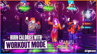 Highlights the game's workout mode feature that allows players to burn calories while dancing, appealing to fitness-conscious shoppers looking for an active gaming experience.
