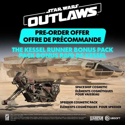 Communicates the exclusive bonus content included with pre-order purchase, showcasing the Kessel Runner bonus pack with cosmetic items for spaceship and speeder to incentivize early purchase.