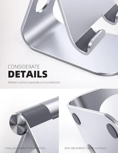 Highlights the protective design details of the stand, including rubber cushions that prevent scratches and provide anti-slip stability, reassuring shoppers of the product's quality and device…