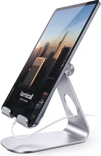 Provides a clear, distraction-free view of the tablet stand product and its design, allowing shoppers to see the product's form, materials, and how a device sits in the stand.