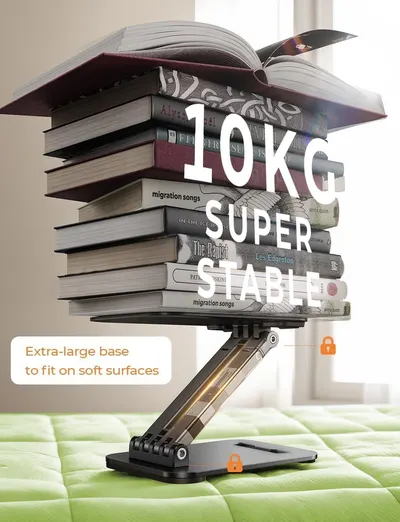 Communicates the impressive weight capacity of the book stand to reassure shoppers it can handle heavy loads like large stacks of books. Highlights the product's stability and extra-large base…