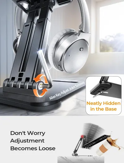 Highlights the hidden Allen key storage in the base and the adjustable joint mechanism to reassure shoppers about the product's thoughtful design and ease of maintenance. Communicates that the…