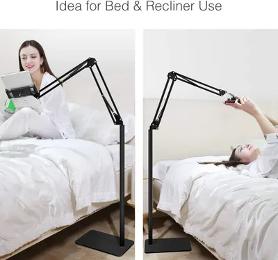 Demonstrates multiple use cases for the adjustable stand, showing how it can be used for hands-free tablet viewing while sitting up in bed or lying down in a recliner position, emphasizing…