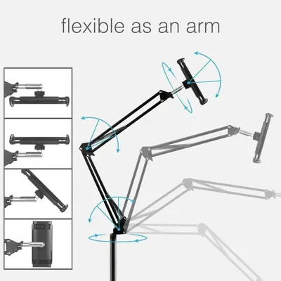 Demonstrates the product's flexible articulating arm design with multiple pivot points, showing shoppers how the arm can be positioned and adjusted in various directions for versatile use.