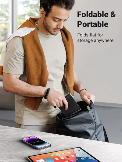 Communicates that the product folds flat for easy storage and portability, making it convenient for travel and space-saving.
