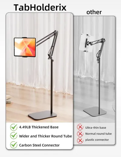 Demonstrates the superiority of the TabHolderix tablet stand over competing products by highlighting its thicker base, wider tube, and carbon steel connector versus competitors' ultra-thin base,…