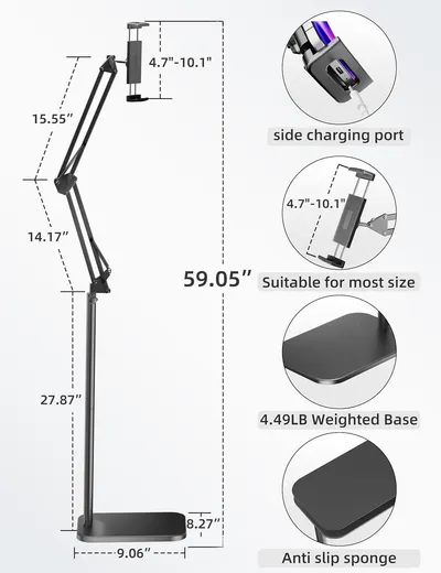 This image breaks down the physical components and dimensions of the tablet/phone stand, showing shoppers the structural features, measurements, and key parts like the charging port, adjustable…
