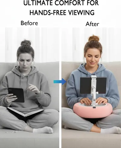 Demonstrates the transformation from uncomfortable handheld tablet use to comfortable hands-free viewing with the product, showing improved posture and user satisfaction. Highlights the primary…