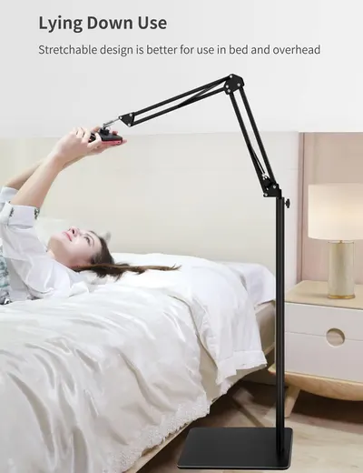Demonstrates that the product's adjustable, stretchable arm design allows comfortable hands-free use while lying in bed, reassuring shoppers of its convenience and ergonomic flexibility.