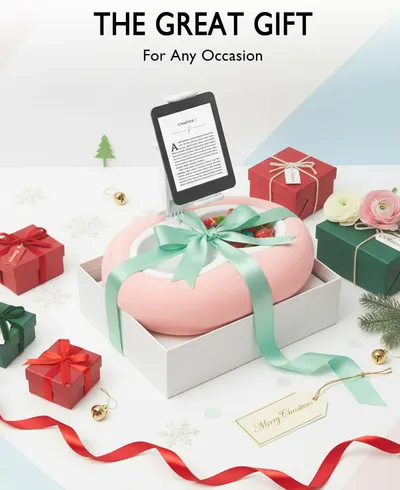 Positions the product as an ideal gift for any occasion, with strong seasonal and holiday cues including wrapped gifts, Christmas ornaments, evergreen branches, and 'Merry Christmas' tag to drive…