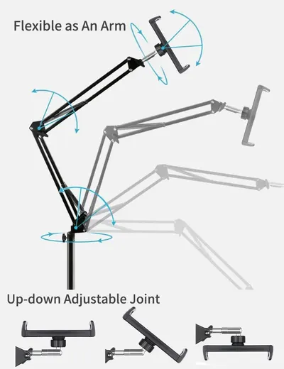 Demonstrates the physical flexibility and adjustability of the tablet/phone mount arm, showing shoppers how the joints rotate and move in multiple directions for optimal positioning.