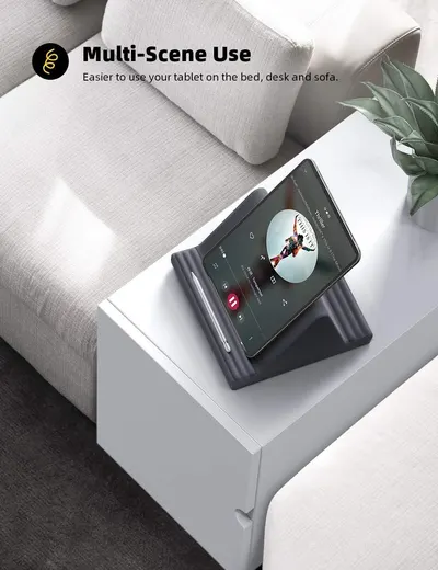 Demonstrates the product's versatility by showing it can be used in multiple settings (bed, desk, and sofa), reassuring shoppers that the tablet stand is adaptable to various everyday scenarios.…