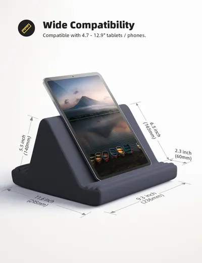 Shows the exact physical dimensions of the tablet stand (height, width, depth) with measurement arrows to help shoppers understand the product's size and footprint. Communicates that the stand is…