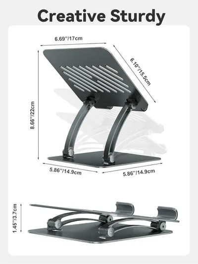 Communicates the exact physical dimensions of the laptop stand in multiple views to help shoppers understand its size and adjustability before purchase.