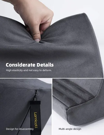 Communicates multiple product benefits including material quality, convenience features, and versatile positioning to reassure shoppers of the product's thoughtful construction and functionality.