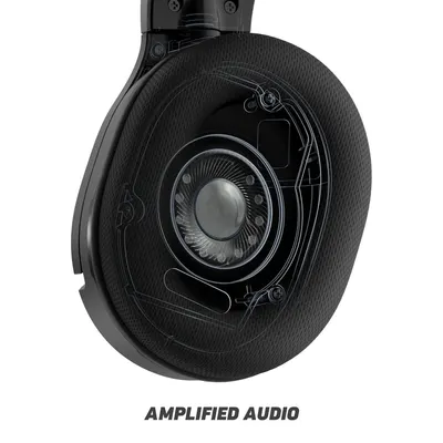 Reveals the internal engineering and speaker driver components to communicate superior audio quality and technical sophistication. Highlights the amplified audio capability as a key benefit to…