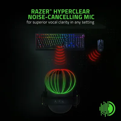 Highlights the Razer HyperClear noise-cancelling microphone feature to communicate superior vocal clarity in any setting, reassuring gamers and users that their voice will be heard clearly.