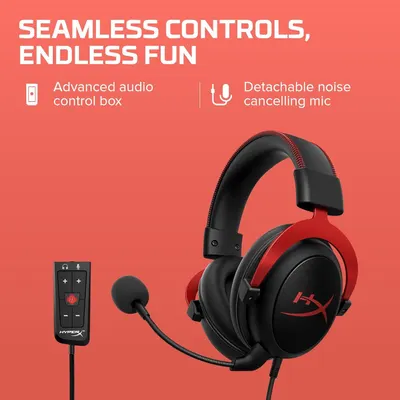 Highlights two distinct features of the gaming headset—the advanced audio control box and the detachable noise-cancelling microphone—to communicate versatility and control for gamers.