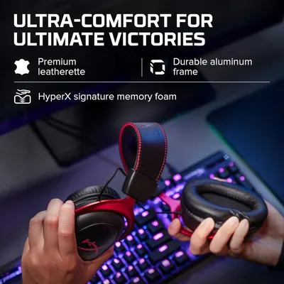 Communicates multiple material and construction benefits of the gaming headset to reassure shoppers of its comfort, durability, and premium quality.