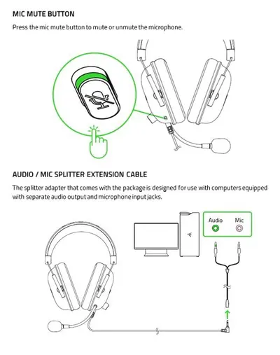 Instructs users on how to use the mic mute button and how to connect the audio/mic splitter cable for computers with separate audio and microphone jacks.