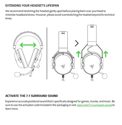Instructs shoppers on how to properly stretch the headset to extend its lifespan and minimize headband stress, demonstrating the correct technique with step-by-step visuals. Communicates two…