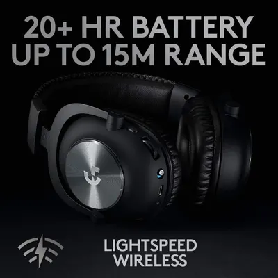 Communicates multiple key performance benefits of the gaming headset—20+ hour battery life, 15m wireless range, and proprietary Lightspeed wireless technology—to reassure shoppers of superior…