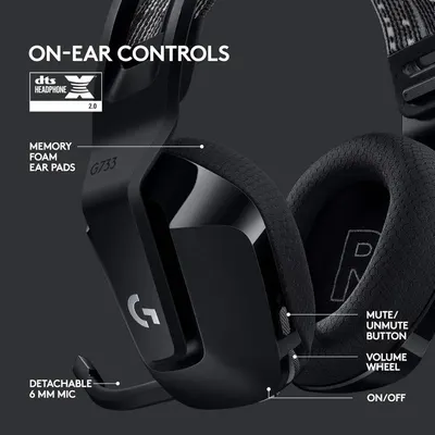 This image breaks down the gaming headset by labeling and pointing to its key physical components and features, helping shoppers understand the product's construction and control locations.