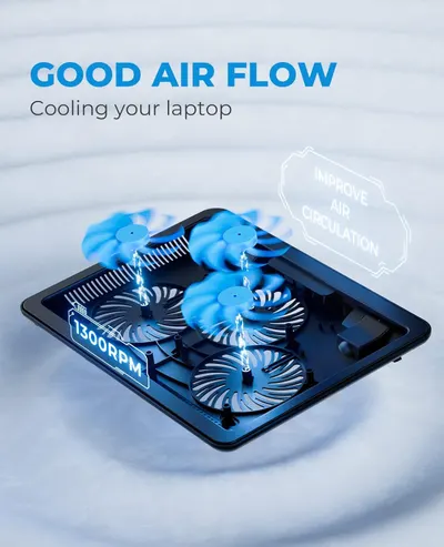 Communicates the powerful fan speed (1300 RPM) to reassure shoppers that the laptop cooling pad delivers high-performance airflow for effective cooling. Highlights the primary benefit of good…