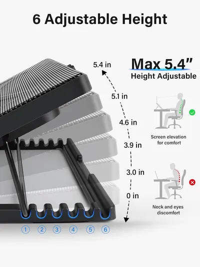 Communicates the product's adjustable height capability with specific measurements to show versatility and ergonomic benefits for screen elevation and comfort. Demonstrates how the adjustable height…