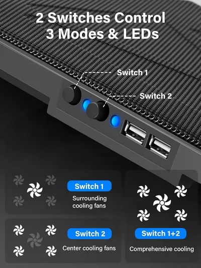 Highlights the physical components and control interface of the cooling pad, showing shoppers where the switches and LEDs are located and what they control. Demonstrates the three distinct cooling…