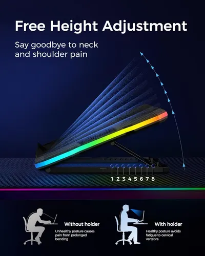 Communicates that the product (laptop stand) offers adjustable height settings to prevent neck and shoulder pain by promoting healthy posture during computer use.