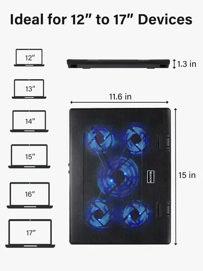Communicates the physical dimensions of the laptop cooling pad and shows which laptop sizes it is compatible with, helping shoppers determine if it will fit their device. Demonstrates the range of…