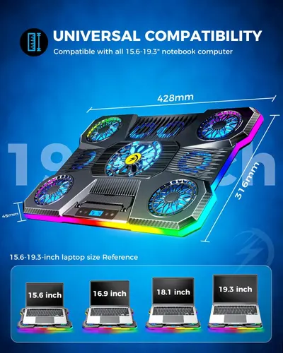 Demonstrates that the laptop cooling pad is compatible with multiple laptop sizes (15.6-19.3 inches), showing shoppers the product works across different devices and use cases. Shows the exact…