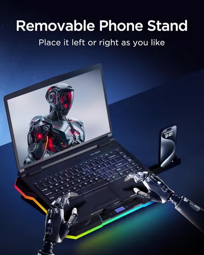 Highlights the product's removable phone stand feature that can be positioned on either side, emphasizing versatility and user convenience.