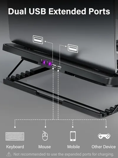 Highlights the physical location and functionality of the dual USB ports on the laptop stand, showing shoppers what devices can be connected (keyboard, mouse, mobile, gaming controller).…