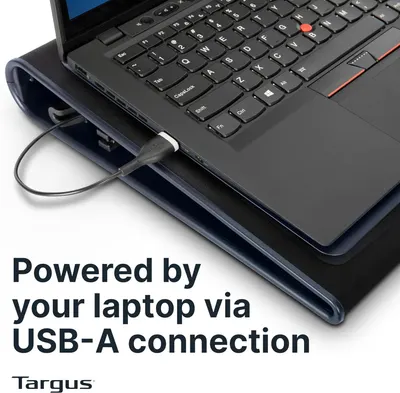 Communicates that the product (docking station/hub) is powered directly by the laptop via USB-A connection, emphasizing convenience and eliminating the need for separate power adapters.
