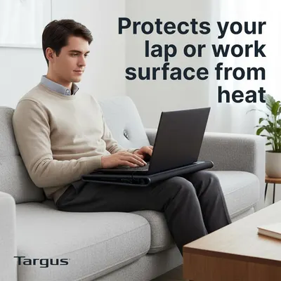 Communicates that the laptop lap desk protects the user's lap and work surface from laptop heat, providing comfort and safety during use.