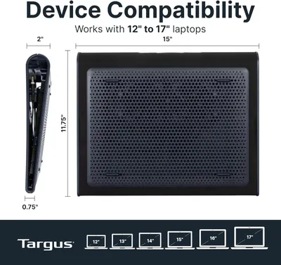 Communicates which laptop sizes (12 to 17 inches) are compatible with this product, reassuring shoppers that it will fit their device. Shows the exact physical dimensions of the product with…