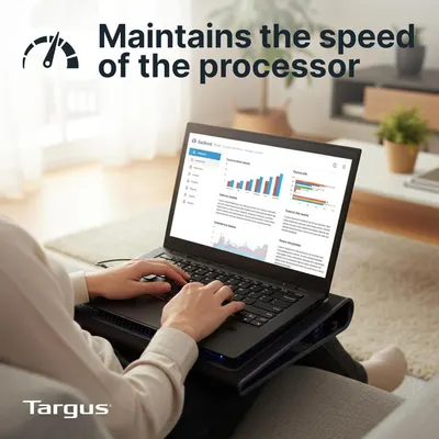Communicates that the product (laptop cooling pad) maintains optimal processor speed by preventing thermal throttling, reassuring shoppers of sustained performance during intensive tasks.