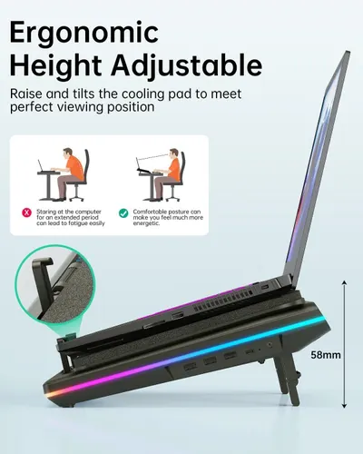 Communicates that the cooling pad can be raised and tilted to achieve a comfortable, ergonomic viewing position, reducing fatigue during extended computer use. Demonstrates the correct way to…