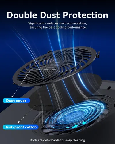 Highlights the product's dual-layer dust protection system by breaking down the physical components (dust cover and dust-proof cotton) to reassure shoppers that the cooling device will maintain…