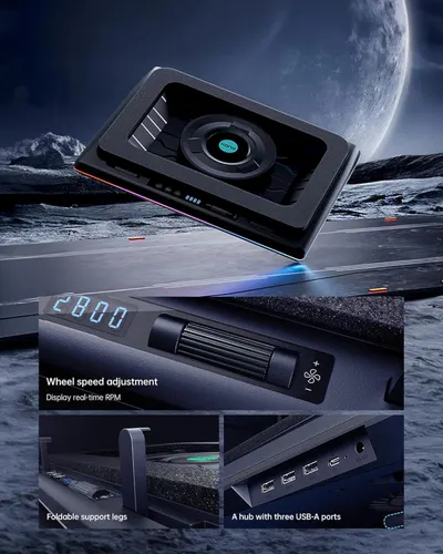 Showcases multiple distinct features of the laptop cooling pad in a segmented layout to demonstrate its versatility and functionality, including adjustable fan speed, ergonomic design, and…