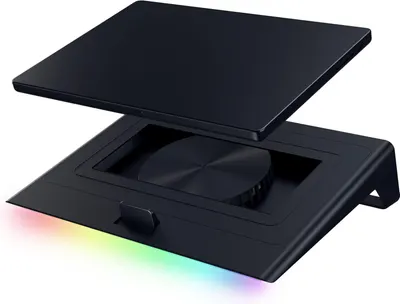 Provides a clean, catalog-style view of the laptop stand product showing its design, adjustable platform, and RGB lighting feature without any distractions.
